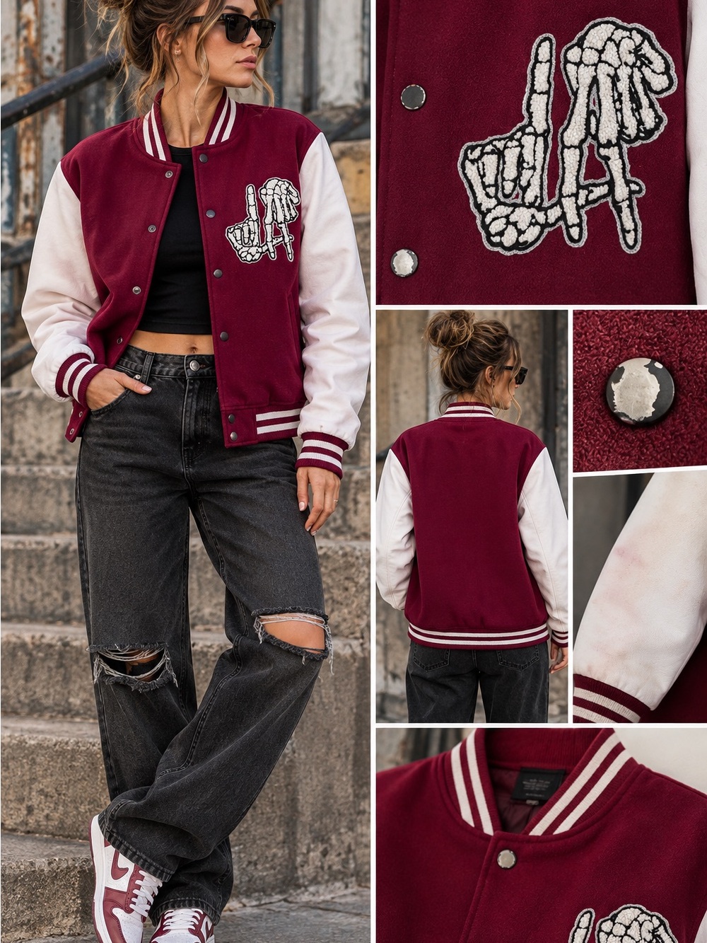 Original Deluxe LA Skeleton Varsity Jacket Burgundy White Size L